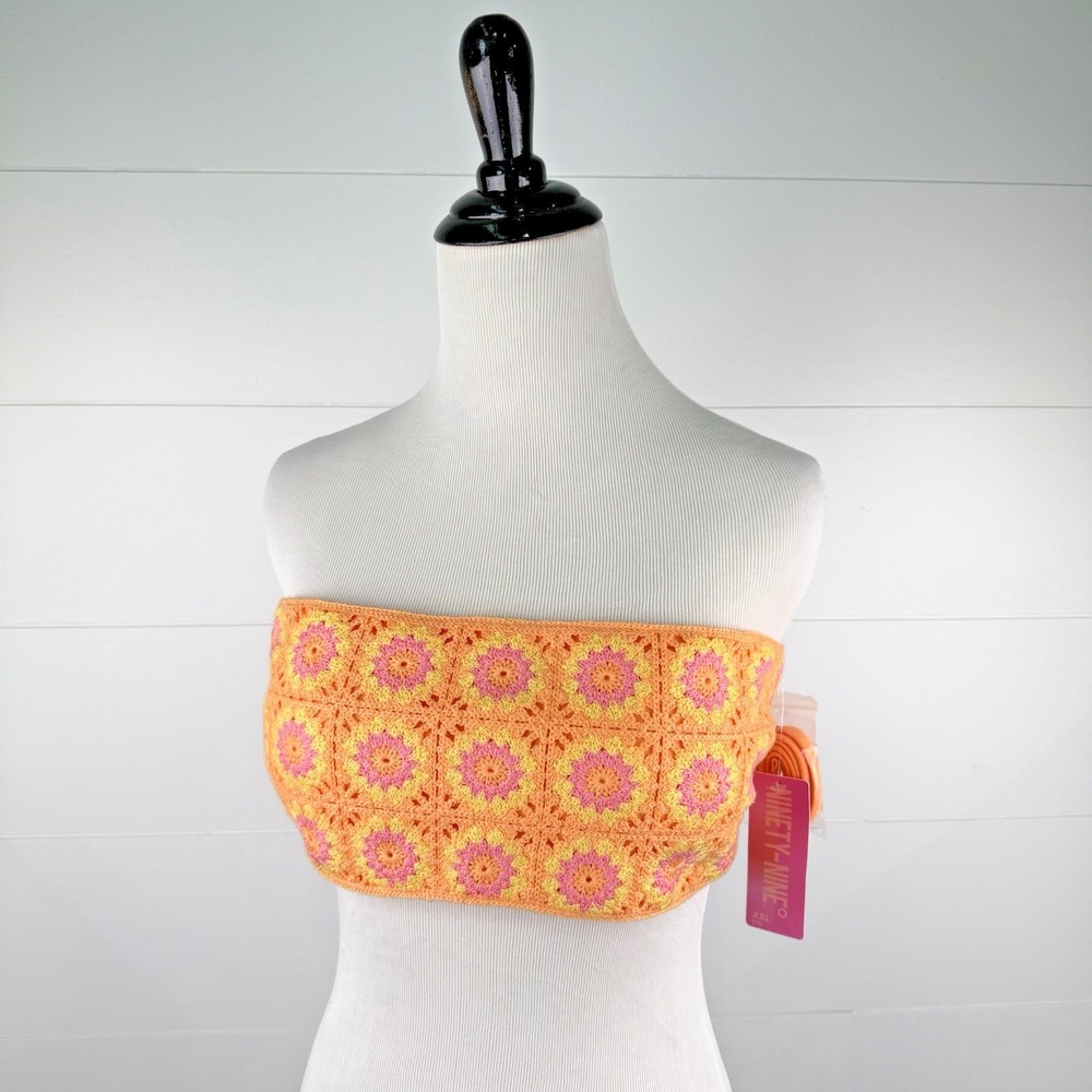 New Crocheted Bandeau Halter Bikini Swimsuit Top Jr XXL Granny Square Festival
